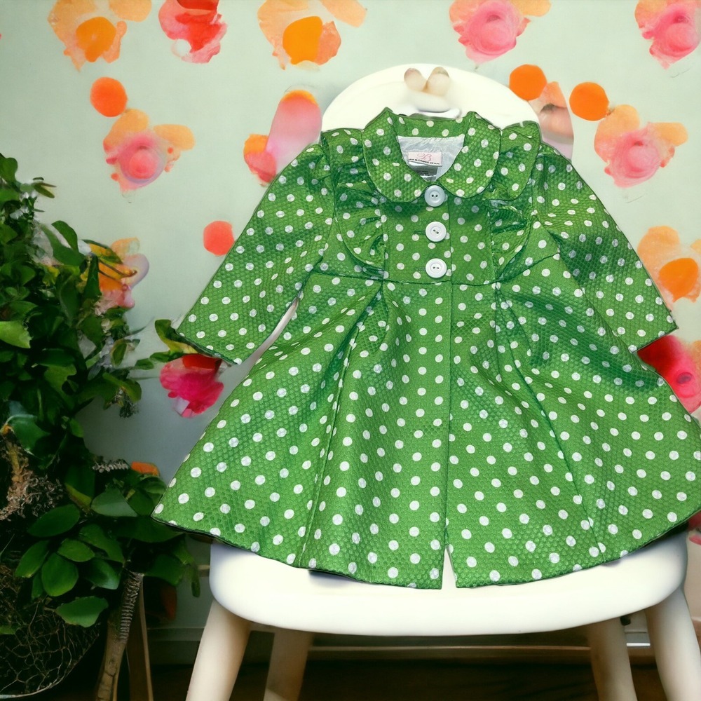 Bonnie Jean Coat Girl's 12M Green White Polka Dots Ruffles Retro Coat Only EUC